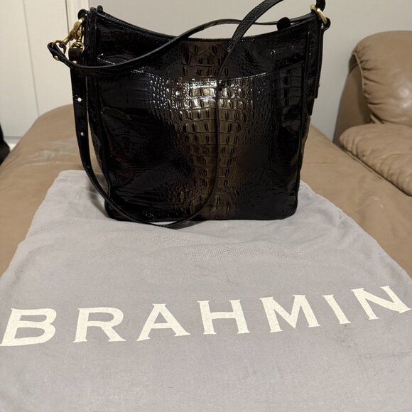 Brahmin Croc Embossed Black Leather Tote Shoulder Bag Purse - Picture 2 of 4